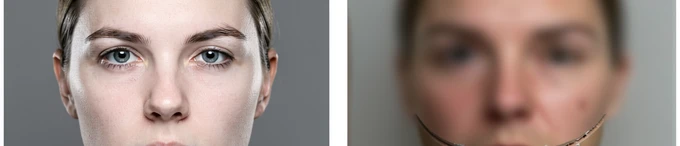 Side-by-side comparison of a clean front-facing source face versus a blurry angled face producing a poor face swap result