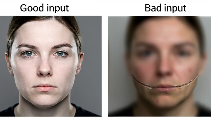 Two-panel visual. Left panel: a sharp, evenly-lit, front-facing portrait used as a source face, paired with a clean face swap result that blends naturally into the target photo. Right panel: a blurry, slightly off-angle source face, paired with a degraded result showing a visible seam along the jaw and a mismatched skin tone. Labels above each panel: 'Good input' and 'Bad input'.