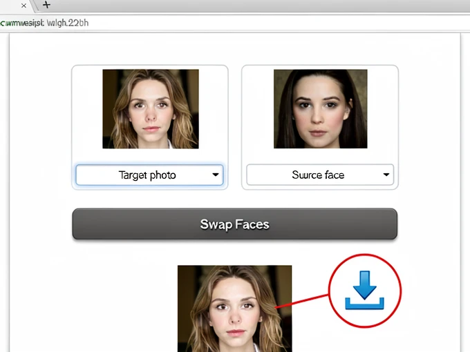 Screenshot-style mock of the Magic Hour face swap interface in a desktop browser. Two upload fields are visible side by side: 'Target photo' on the left with a sample portrait already loaded, and 'Source face' on the right with a second portrait. A large 'Swap Faces' button sits beneath them. A small badge in the corner reads 'No sign-up · No watermark'. Below the button, a thumbnail of the generated result is visible with a clear download arrow icon highlighted by a callout circle.