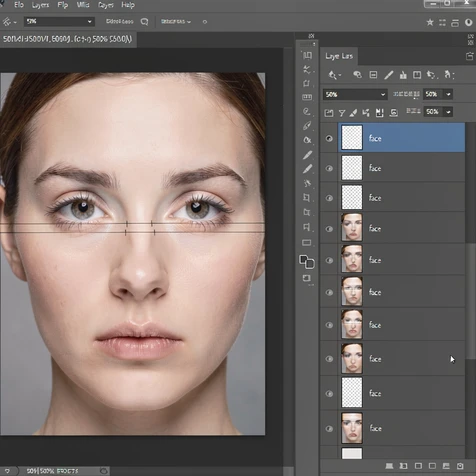 Close-up screenshot of the Photoshop Layers panel on the right side of a dark grey workspace, showing a layer named "face" set to 50% opacity above a background portrait layer, the canvas to the left displaying a portrait where a semi-transparent second face overlays the original with eyes and mouth nearly aligned, thin guide marks visible across the eye line. Lighting: even diffuse studio light on the rendered portrait, neutral grey UI chrome around it. Style: software interface screenshot. Mood: technical, focused.