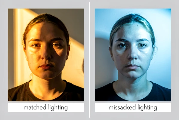 Two passport-style portraits arranged side by side on a clean light grey backdrop, the left portrait lit by warm golden window light from the upper left and the right portrait lit by cool fluorescent light from the upper right, both subjects facing camera directly with neutral expressions, a thin vertical white divider between them and small white labels reading "matched lighting" and "mismatched lighting" in lowercase sans-serif beneath each portrait. Lighting: clearly contrasting warm and cool key lights, each casting visible directional shadows on the opposite cheek. Style: editorial photography reference card. Mood: instructive, calm.