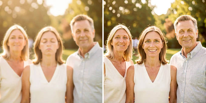 A split-screen before-and-after comparison showing a family group of five adults standing outdoors at a sunny reunion. On the left side, one person in the center has eyes closed and a slightly blurred expression. On the right side, the same group photo shows the corrected version with that person now having natural open eyes and a clear smile, cleanly integrated with the surrounding faces. Soft, even outdoor daylight from the left illuminates all faces uniformly, giving both halves warm golden-hour tones. The split runs vertically down the center with a thin white dividing line. Style: clean editorial photography. Mood: celebratory and natural.