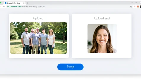 A clean web browser screenshot of the Remaker AI multiple face swap tool interface. The screen is divided into two upload panels side by side: the left panel displays a group photo with five people standing together outdoors in daylight, and the right panel shows a single portrait reference photo of a smiling woman facing the camera directly. A large prominent blue Swap button sits centered below both panels. The interface uses a white and light gray background with minimal text labels above each panel. Soft diffused monitor glow illuminates the screen evenly. Style: UI product screenshot, flat design. Mood: straightforward and functional.