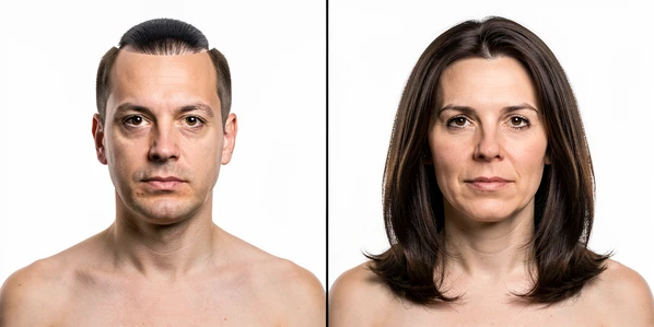 Side-by-side portrait comparison of two photo editing results. On the left, a face-only swap result: the face belongs to one person but the hairstyle is visibly wrong, with a harsh unnatural edge where the hairline meets the scalp. On the right, a full head swap result: the complete head including hair transfers cleanly onto the body with a natural, continuous hairline. Both images show the same body in a plain white studio background. Even frontal lighting from two soft boxes, minimal shadows. Style: clean editorial comparison photo. Mood: educational and analytical.