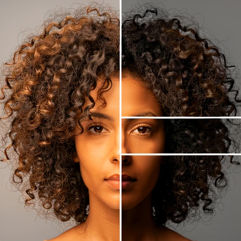 Close-up portrait crop showing a person with voluminous curly hair. The image is split vertically down the center. On the left half, curly hair strands are cleanly rendered with individual detail, representing segmentation-based detection. On the right half, the same curly hair is cut off abruptly at an invisible rectangular boundary, showing bounding-box clipping with a hard geometric edge against a neutral grey background. Overhead soft studio lighting, slightly warm, casting gentle shadows under the hair volume. Style: technical editorial comparison. Mood: illustrative, precise.