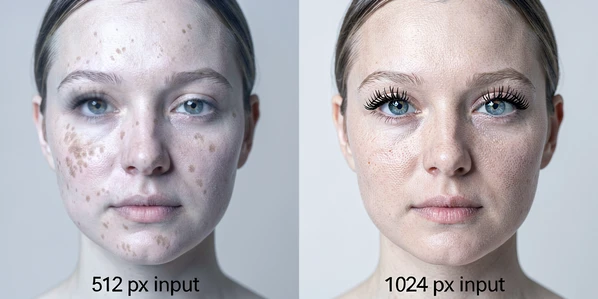 A clean split-panel comparison, left side labeled "512 px input" showing a softened face with blurred eyelashes and smeared skin pores, right side labeled "1024 px input" showing the same face with crisp lash separation, visible skin micro-texture, and sharp iris detail. Neutral studio setting, plain light-gray seamless backdrop behind both faces. Soft frontal key light angled slightly from upper left, cool white balance around 5500K, gentle fill from the right to keep shadows open, catchlights clearly visible in both eyes. Style: editorial product comparison photography. Mood: technical, precise, instructional.