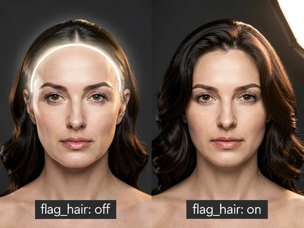 Side-by-side portrait comparison. On the left, a swapped face with a visible thin bright halo ring along the hairline where the scalp meets the forehead and temples, labeled "flag_hair: off". On the right, the same subject with a clean, naturally feathered hairline blending smoothly into dark wavy hair, labeled "flag_hair: on". Plain charcoal studio backdrop, shoulders in frame. Soft large-diffuser key light from upper right at warm 4200K temperature, subtle rim light from behind left shoulder separating hair from the background, skin highlights rolling off gradually. Style: magazine beauty retouching comparison. Mood: clinical, revealing.