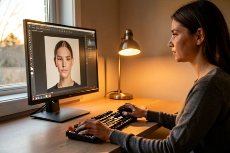 A freelance designer sits at a quiet home office desk editing a portrait on a 27-inch monitor, her right hand on a mouse and left hand resting on a mechanical keyboard. The screen shows a clean headshot being processed. Behind her, a window lets in late-afternoon daylight from the left. Soft amber tungsten fill from a desk lamp warms her face. Style: natural lifestyle photography. Mood: focused, quiet, professional.