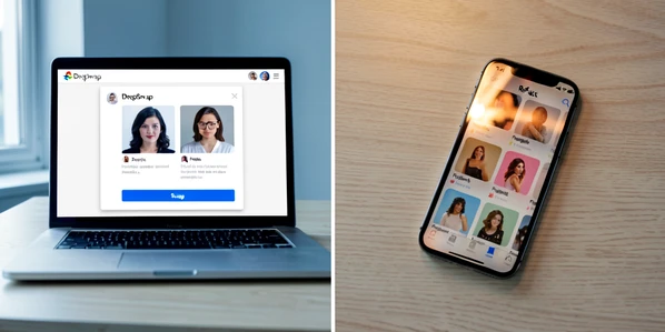 A split composition shows a laptop on the left displaying DeepSwap's web upload panel with two portrait thumbnails and a blue Swap button, and an iPhone on the right tilted at a slight angle showing the Reface app grid of template cards. The laptop sits on a pale oak desk. Diffuse window light from the left casts soft shadows, cool daylight on the laptop screen, warm reflection on the phone glass. Style: clean product photography. Mood: calm, neutral, editorial.