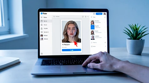 A 15-inch laptop screen centered in the frame displays the Fotor web editor with a portrait open and a highlighted face region ready for AI Replace. The user's hand rests on the trackpad, cursor hovering above the blue 'Swap' button. Setting: clean modern desk with a small plant and notebook off to the side. Lighting: soft daylight from a window on the left, cool temperature, gentle highlights on the screen bezel. Mood: focused, editorial product-review atmosphere.