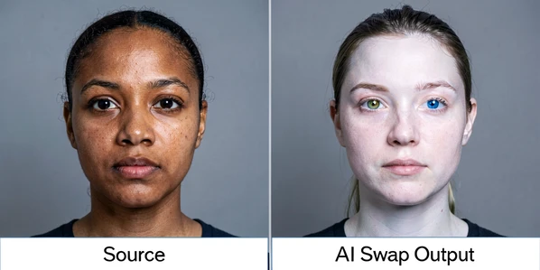 Side-by-side comparison of two portrait photos taking up the full frame, left photo labeled 'Source' showing a warm brown-skinned subject with dark eyes, right photo labeled 'AI Swap Output' showing the same pose but with lighter skin tone and shifted eye color indicating model drift. Setting: neutral gray studio backdrop behind both portraits, thin label bars at the bottom of each. Lighting: even softbox light from the front left, cool temperature, flat shadow falloff for clear comparison. Mood: clinical, editorial, audit-style.