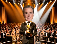 A person's face seamlessly placed onto a celebrity's body standing on a glamorous red carpet, the result looking natural and well-lit, with the face matching the skin tone and lighting of the original scene. The composite feels like a genuine celebrity photograph rather than an obvious edit.