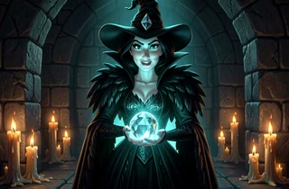 A woman's face merged onto a dark sorceress character in a black feathered gown, standing in a candlelit stone dungeon with a glowing crystal orb in her hand, cold blue-green light from the orb illuminating her face from below while warm candle flicker catches the edges of her costume. Style: gothic Disney villain portrait with photorealistic face. Mood: mysterious and powerful.