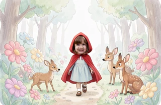 A little girl's face placed onto a storybook illustration character in a red hooded cape, walking through a pastel watercolor forest with oversized flowers and friendly woodland animals, soft diffused daylight from an overcast sky giving the scene an even, gentle glow with no harsh shadows. Style: children's picture book illustration with a real child's face. Mood: innocent and enchanting.