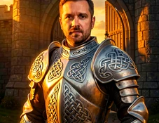A man's face composited onto a fantasy knight character wearing ornate silver armor engraved with Celtic knotwork, standing before a stone castle gate at golden hour, warm amber sunlight raking across the armor's surface and casting long shadows, the face lit to match the same warm directional source. Style: high-fantasy concept art with photorealistic face integration. Mood: heroic and bold.