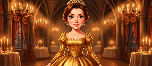 A young woman's face seamlessly composited onto a hand-painted Disney-style princess portrait, wearing a golden ballgown in a candlelit castle ballroom, warm amber chandeliers casting soft directional light across her cheekbones, the background slightly soft-focused to keep the face as the clear focal point. Style: storybook illustration meets photorealistic portrait. Mood: magical and cinematic.
