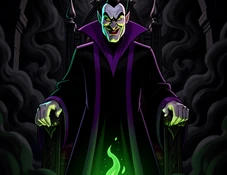 A person's face mapped onto a Disney-style villain character in a dramatic black and purple robe, standing in a dark throne room lit by a single green magical flame from below, the harsh underlighting creating deep shadows under the brow and cheekbones, the background filled with swirling dark smoke. Style: theatrical Disney villain portrait. Mood: sinister and theatrical.
