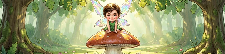 A child's face gently placed onto a tiny fairy character with iridescent wings, perched on a giant mushroom in a sunlit woodland clearing, soft dappled green light filtering through oak leaves above and landing in warm pools on the fairy's face and wings, flower petals scattered across the mossy ground. Style: whimsical children's book illustration with realistic face. Mood: playful and wonder-filled.