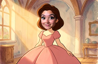 A face-swapped portrait in the style of a classic Disney animated film, featuring a young woman's realistic face on a hand-drawn character with large expressive eyes and a rose-pink ballgown, warm studio lighting from the upper left casting gentle shadows, the background a soft watercolor castle interior. Style: vintage Disney cel animation with photorealistic face overlay. Mood: nostalgic and warm.