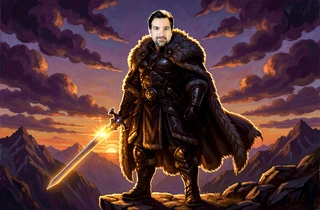 A man's face composited onto a high-fantasy warrior illustration painted in rich oils, wearing a fur-trimmed cloak and carrying a glowing sword, standing on a mountain ridge at dusk with deep purple and orange clouds behind him, dramatic rim lighting from the setting sun outlining his silhouette. Style: fantasy novel cover painting with realistic face integration. Mood: epic and adventurous.