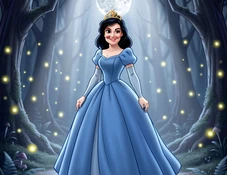 A real woman's face blended onto a Disney-style princess character dressed in a flowing blue gown, standing in a moonlit enchanted forest with fireflies drifting around her, cool silver moonlight falling softly from above and catching the fabric folds, the face perfectly matched in skin tone to the illustrated body. Style: classic Disney animation meets editorial photography. Mood: dreamy and ethereal.