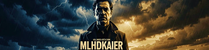 A dramatic cinematic movie poster composition featuring a lone figure in a long coat standing against a stormy sky, the character's face replaced with a specific person's likeness, dramatic underlighting casting sharp shadows upward across the jaw and brow. Deep blue and amber color grading. Style: Hollywood promotional art. Mood: intense and cinematic.