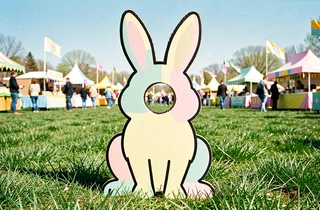 A vintage-style illustrated Easter bunny cardboard cutout with a circular hole where the face should be, painted in flat pastel colors with thick black outlines, propped up on a grassy lawn at a spring fair. Bright even daylight illuminates the cardboard surface from the front, keeping colors saturated and shadows minimal. Style: retro photo-booth illustration. Mood: nostalgic and fun.