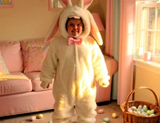 A face swapped into a fluffy white Easter bunny suit with long floppy ears and a pink bow tie, standing in a pastel-decorated living room with Easter eggs scattered on the floor and a wicker basket nearby. Warm indoor light from a window on the right side casts a soft glow across the bunny costume, making the white fur appear slightly golden. Style: casual family holiday snapshot. Mood: fun and festive.
