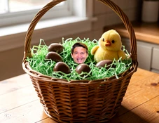 A tiny face humorously placed inside a large woven Easter basket filled with shredded green paper grass, chocolate eggs, and a plush chick toy, set on a wooden kitchen table. Soft natural light streams in from a window above and to the left, casting gentle shadows inside the basket and warming the wooden surface below. Style: playful still-life holiday photo. Mood: cheerful and lighthearted.