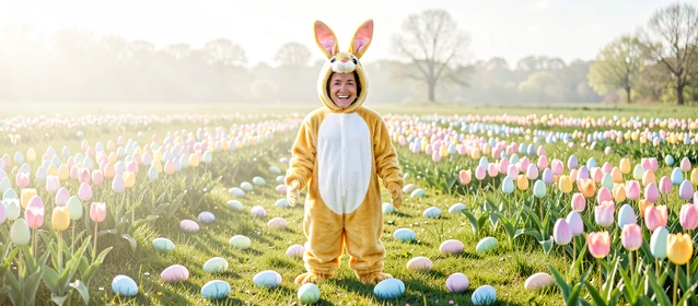 A cheerful Easter-themed composite photo showing a person's face swapped into a colorful Easter bunny costume, standing in a sunlit spring meadow filled with pastel-colored eggs and blooming tulips. Soft diffused morning light falls evenly across the scene from the left, casting gentle shadows on the grass and giving the costume a warm golden tone. The composition is wide, with the costumed figure centered and the meadow stretching behind. Style: bright editorial holiday photography. Mood: playful and festive.