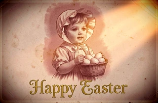 A face composited into a vintage Easter postcard illustration featuring a child in a bonnet holding a basket of eggs, rendered in faded sepia and dusty rose tones with soft vignetting at the edges. Warm amber light simulates aged paper, falling gently across the figure from the upper right. Decorative serif text reading "Happy Easter" in gold lettering appears at the bottom. Style: antique holiday postcard. Mood: nostalgic and warm.