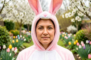 A photorealistic composite of a person's face seamlessly blended into a pastel pink Easter bunny costume photographed in a bright spring garden, with the face lighting matching the soft overcast daylight falling on the costume from above. The skin tones are warm and consistent with the surrounding fabric, and fine edge details around the jaw and hairline are smooth. Style: natural holiday portrait photography. Mood: convincing and festive.