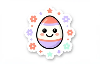 A flat-design digital sticker showing a round Easter egg character with a smiling face swapped in, surrounded by small decorative stars and flower shapes in coral, lavender, and mint, set against a clean white background. Even, shadowless lighting keeps the illustration crisp and graphic. Style: modern emoji-style sticker art. Mood: bright and shareable.